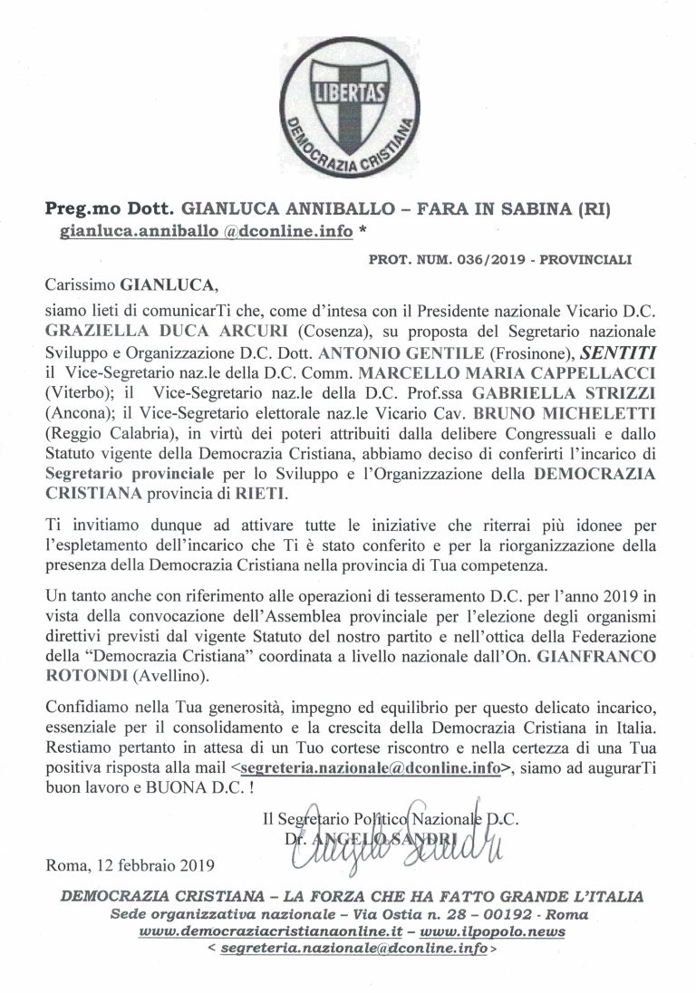 IL DOTT. GIANLUCA ANNIBALLO NOMINATO SEGRETARIO PROVINCIALE PER LO SVILUPPO E L’ORGANIZZAZIONE DELLA DEMOCRAZIA CRISTIANA DELLA PROVINCIA DI RIETI