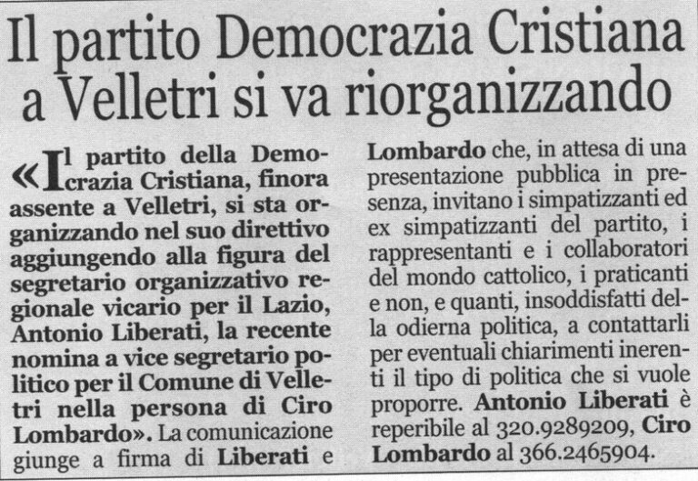 ENCOMIABILE ATTIVITA’ A VELLETRI (RM) PER IL RILANCIO POLITICO E ORGANIZZATIVO DELLA DEMOCRAZIA CRISTIANA!